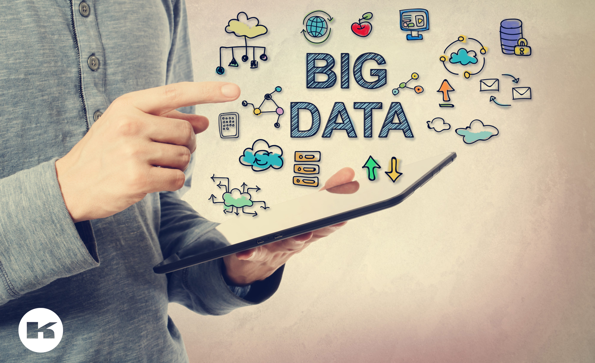 Young man pointing at big data concept over a tablet