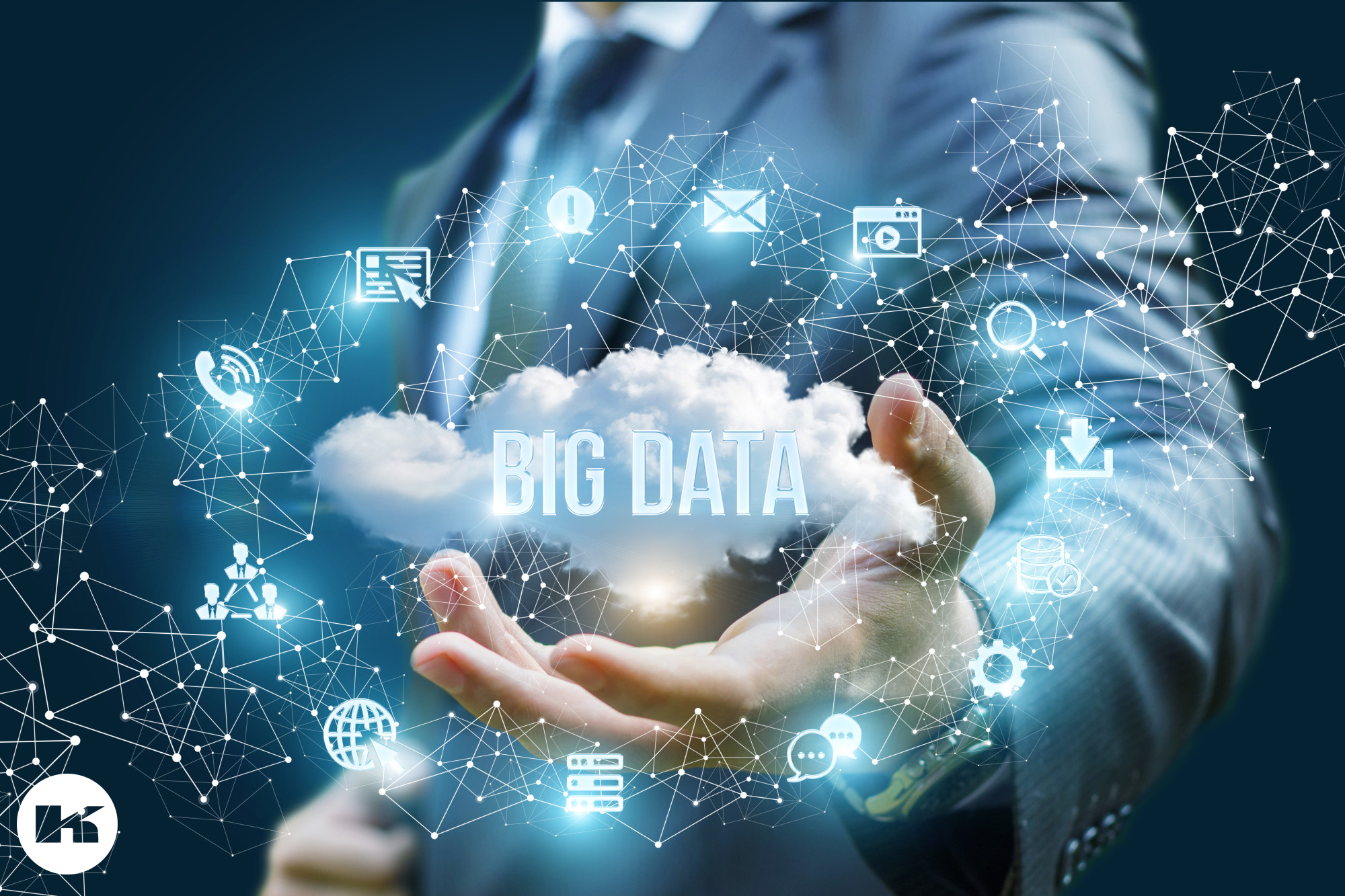 Businessman showing a cloud with the words big data .